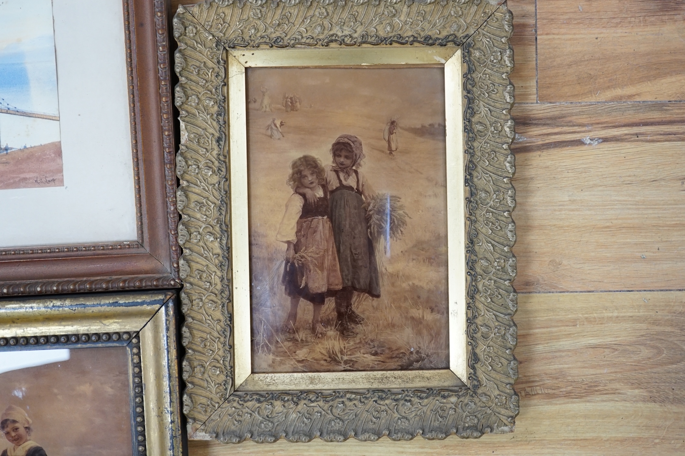 Two Victorian crystoleums including after Edmond Louyot (French, 1861-1920), Children on a beach, copyright 1906 by Franz Hanfstaengl, and a 19th century watercolour of a pier by W.A. Earp, 25 x 16cm. Condition - fair